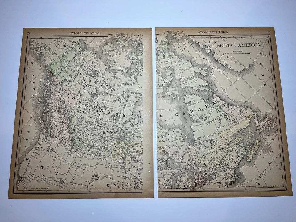 Mapa de 2 piezas de AMÉRICA BRITÁNICA/CANADÁ 1890 Fm 1890 Rand-McNally Atlas VER DESCRIPCIÓN Foto 2 de 4