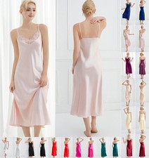 UK Ladies Satin Lace Nightdress Straps Chemise Slip Sexy Nightshirts Nightgown