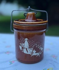 Vintage 1982 Stoneware Cheese Crock w Wire Bail Lid and Winter Holiday Illustrat