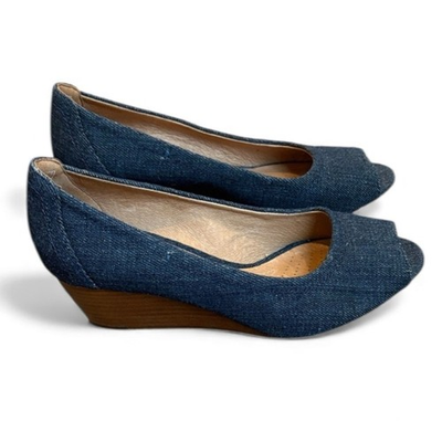 #ad Clark’s Artisan Burmese Denim Wedges Women’s 6.5 Blue Peep Toe Pump $20.40