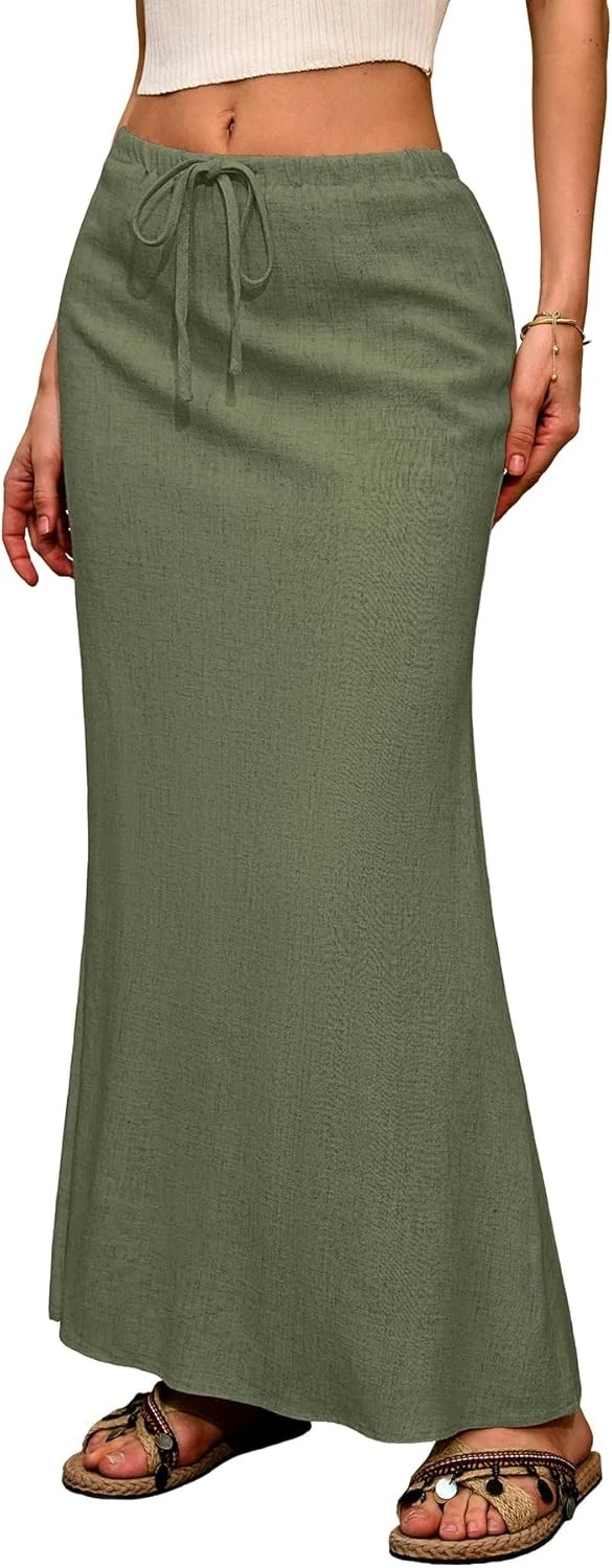 Linen Flared Maxi Skirt with Back Slit - Elastic Waist