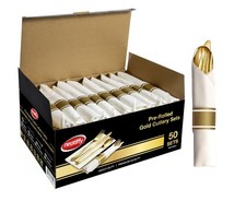 50 Pack Gold Plastic Silverware Set Pre Rolled Napkin Cutlery Party Wedding
