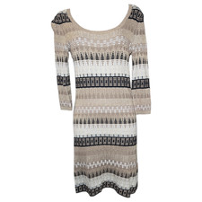 Guess Women Small Gold Metallic Striped Knit 3/4 Sleeve Fitted Dress Glam Bold