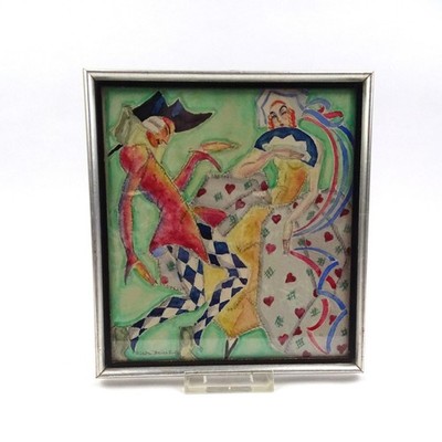 Watercolour Jules Heierhoff 1950s Harlequin Colombina Figures in Frame 1950s