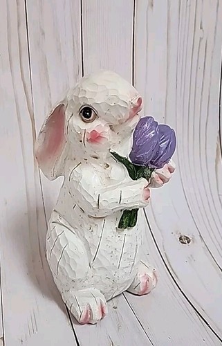 Rustic Purple Tulip Easter Pink Floppy Eared Bunny Rabbit Wood Carved Look - Picture 1 of 6