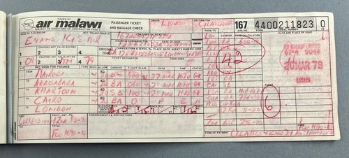 AIR MALAWI VINTAGE USED AIRLINE TICKET 1979 AFRICA - Picture 5 of 6