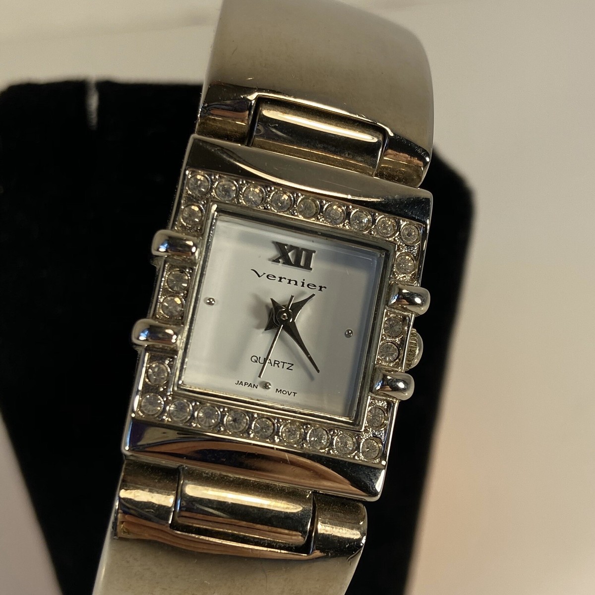 Vintage Vernier AB Swarovski Crystal Cuff Bracelet Watch Vernier Cuff Watch, Ladies, Silver w Rhinestones Around Face  main image 2