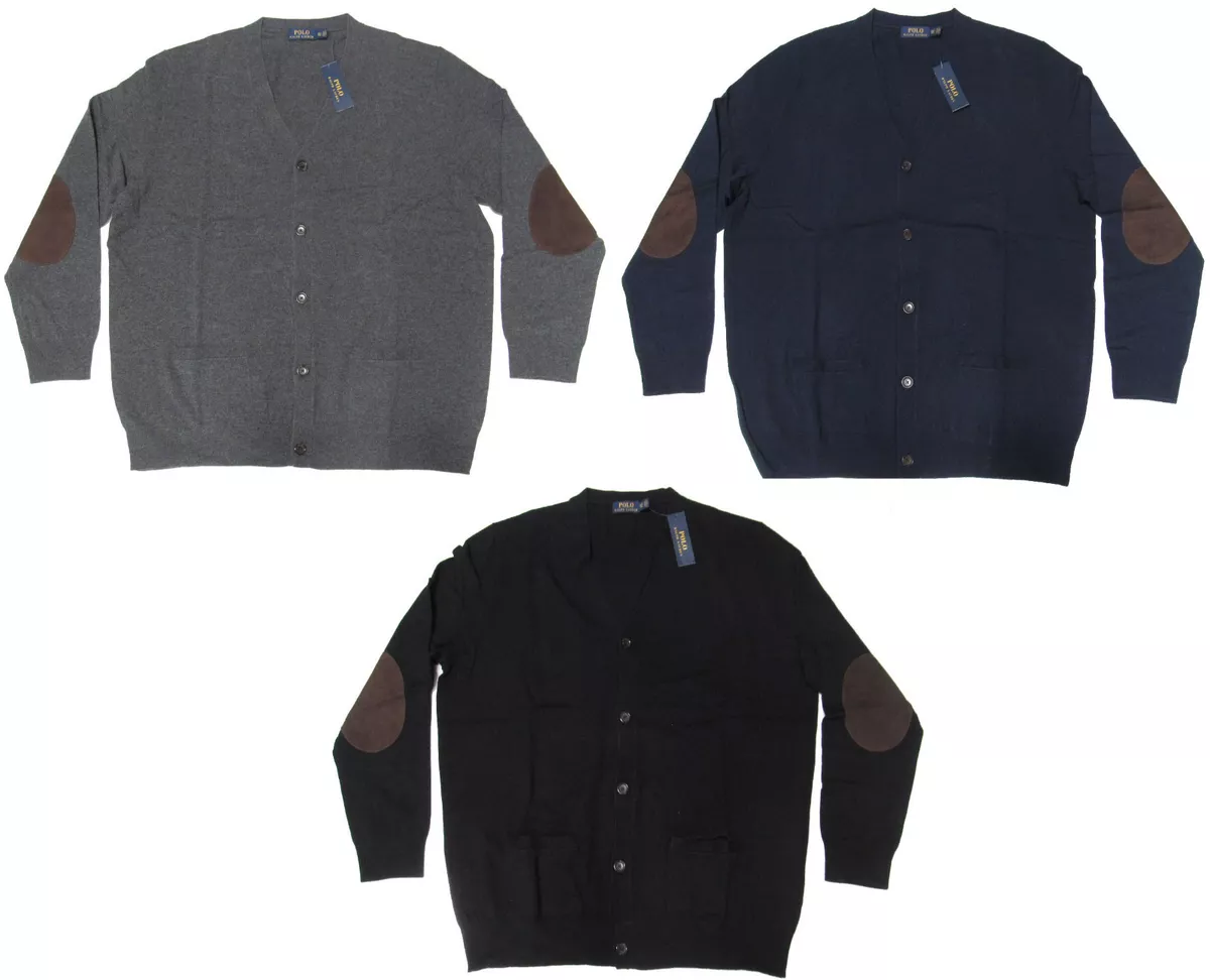 Polo Ralph Lauren Wool Leather Elbow Patch Navy Grey Black Cardigan Sweater 1XB