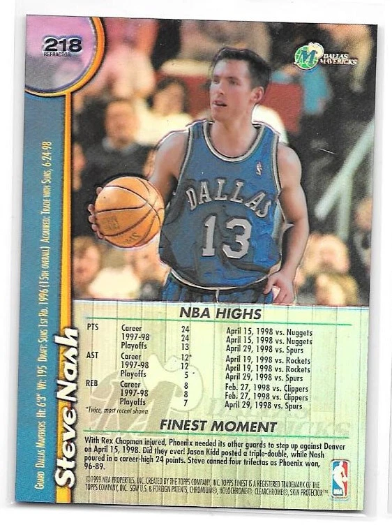 1998-99 Topps Finest No Protectors Refractors Parallel #218 Steve Nash - Image 2 of 2