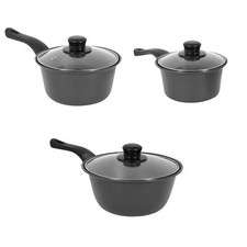 Set Of 3 Non-Stick Saucepans Graphite Saute Pans With Glass Lids All Hob Types