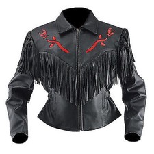Women's Black Cowhide Jacket Fringe The Motorcyclist Leather Western Coat