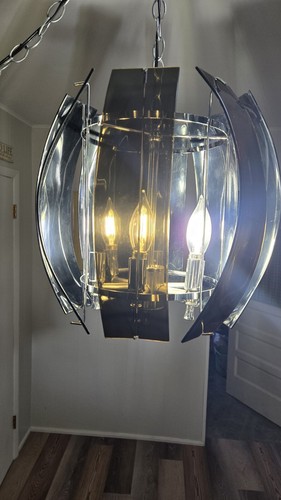 ✨MCM Mid-Century Modern Smoked Lucite Panel Chrome 6 Candelabra Swag Light Chain - 第 1/8 張圖片