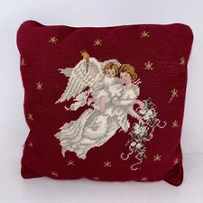 Vtg Wool Needlepoint Christmas Angel Throw Pillow 12” x 12” Red Velvet Backing