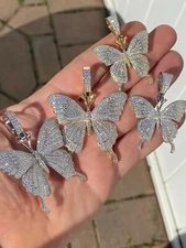 Hip Hop Butterfly Simulated Diamonds Iced Real 925 Silver Gold Plated Necklace