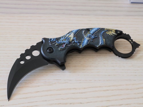 Folding Pocket Knife KARAMBIT Blue Dragon Black Spring Assisted Pocket Clip Edc - Picture 2 of 5