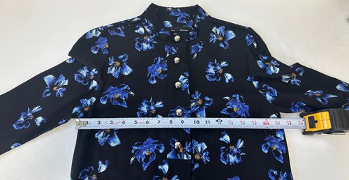 PROENZA SCHOULER Black Blue Floral Crepe Blouse Long Sleeve High Neck 6 Classic - Picture 6 of 12