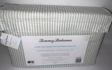 TOMMY BAHAMA PALOMA STRIPE GREEN KING WASHED COTTON PERCALE 4pc.SHEET SET NWT