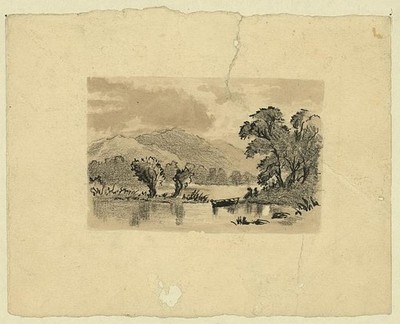 Scene,lake,hills,trees,boat,landscape drawings,sketches,artist,CD Gedney,1872