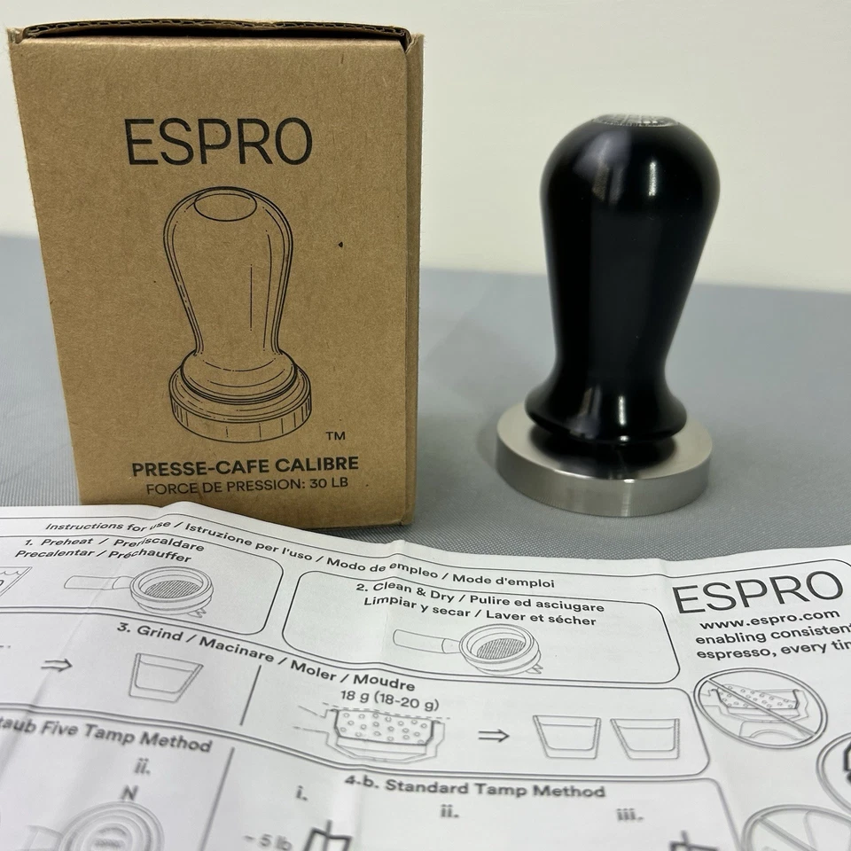 Manipulación de café espresso calibrado ESPRO 30 lb fuerza de apisonamiento negro 58 mm plano Foto 2 de 4