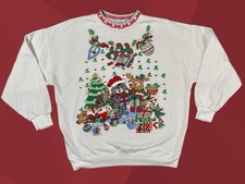 Vintage 80s Cat Reindeer Ugly Christmas Sweatshirt Glitter White L