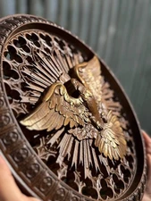 Hand-carved Holy Spirit Dove wood wall art: gothic rose window carved plaque