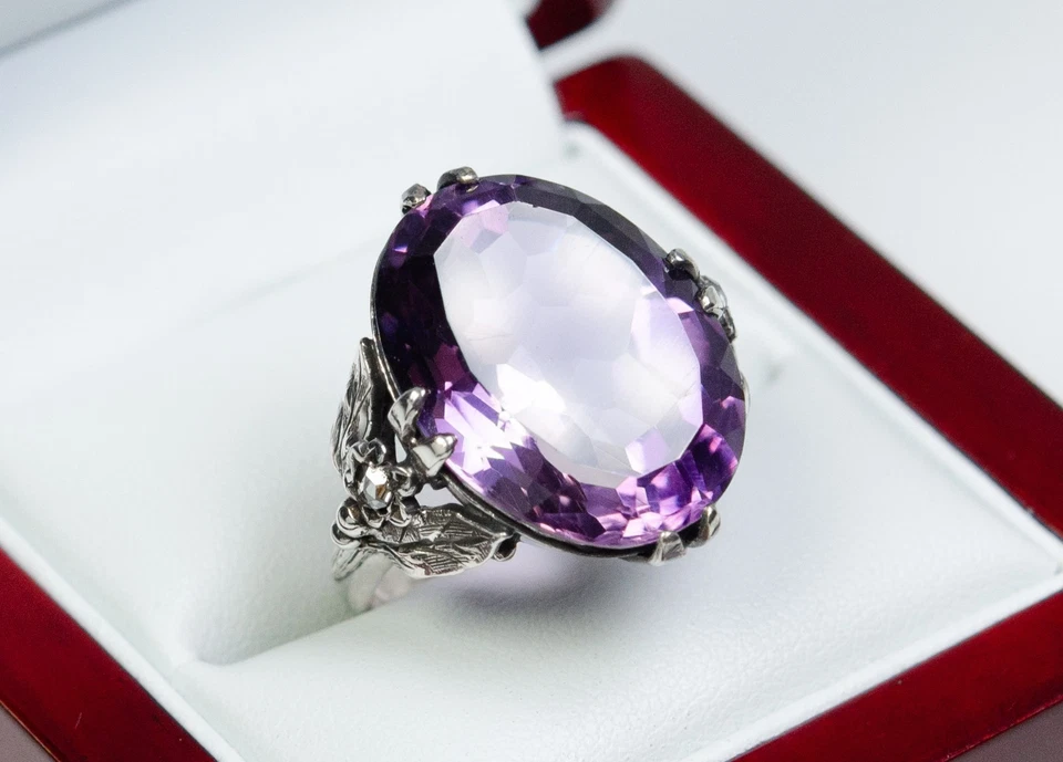 925 Argento - Antico Anello - 21.00 CT Ametista - 0.10 Diamante - Fatto a Mano - Immagine 2 di 4