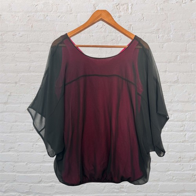 #ad #ad Express Women’s Sheer Overlay Blouse Black Chiffon Pink Tank Batwing Top Medium $24.00