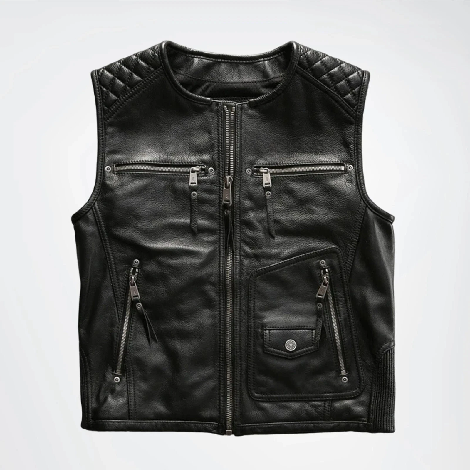 Leather Vest Mens Ribbed 100% Genuine Leather Biker Vest