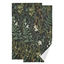 Botanical Print Floral Hand Towels for Bathroom Set of 2 Black Sage Green Spr...