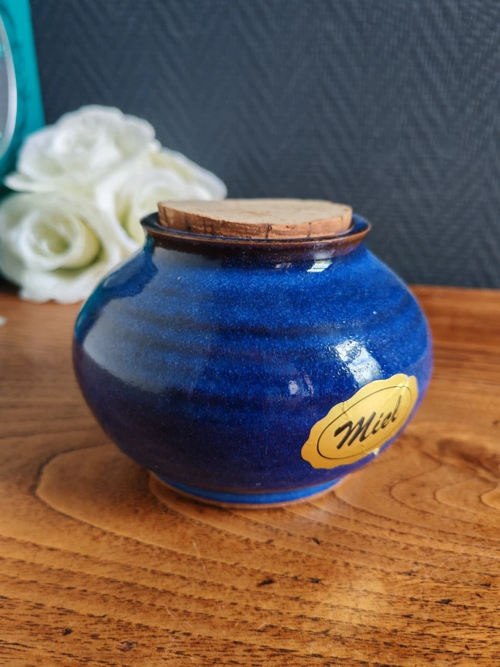 Pot à Miel Bleue en Grès - "Miel" - Fabriqué en France - Poterie Vintage - Photo 2/4