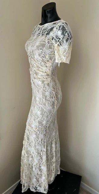 NUEVO CON ETIQUETAS DAVID'S BRIDAL Champaign Vestido Largo Bodycon Floral Encaje Manga Corta Lentejuelas 2 Foto 3 de 4