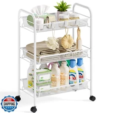 SYKIARIOL Metal Rolling Utility Cart, 3-Tier Mesh Wire Storage Trolley with E