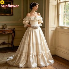 Vintage Victorian Wedding Dresses Off Shoulder Lace Applique Ruffles Bridal Gown