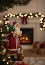 Vintage Santa Claus Christmas Ornament with Toy Bag and Tree - Made in Taiwan