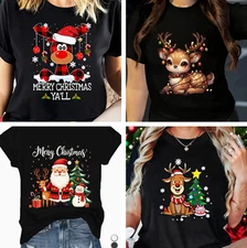 Women's Christmas Deer & Santa Claus Print T-Shirt - Merry Christmas T-shirt