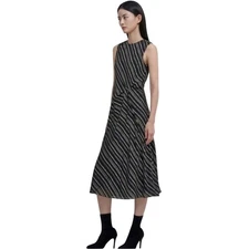 EUC THEORY Women's 100% Silk Draped Tucked Midi Dress Black White Size 8