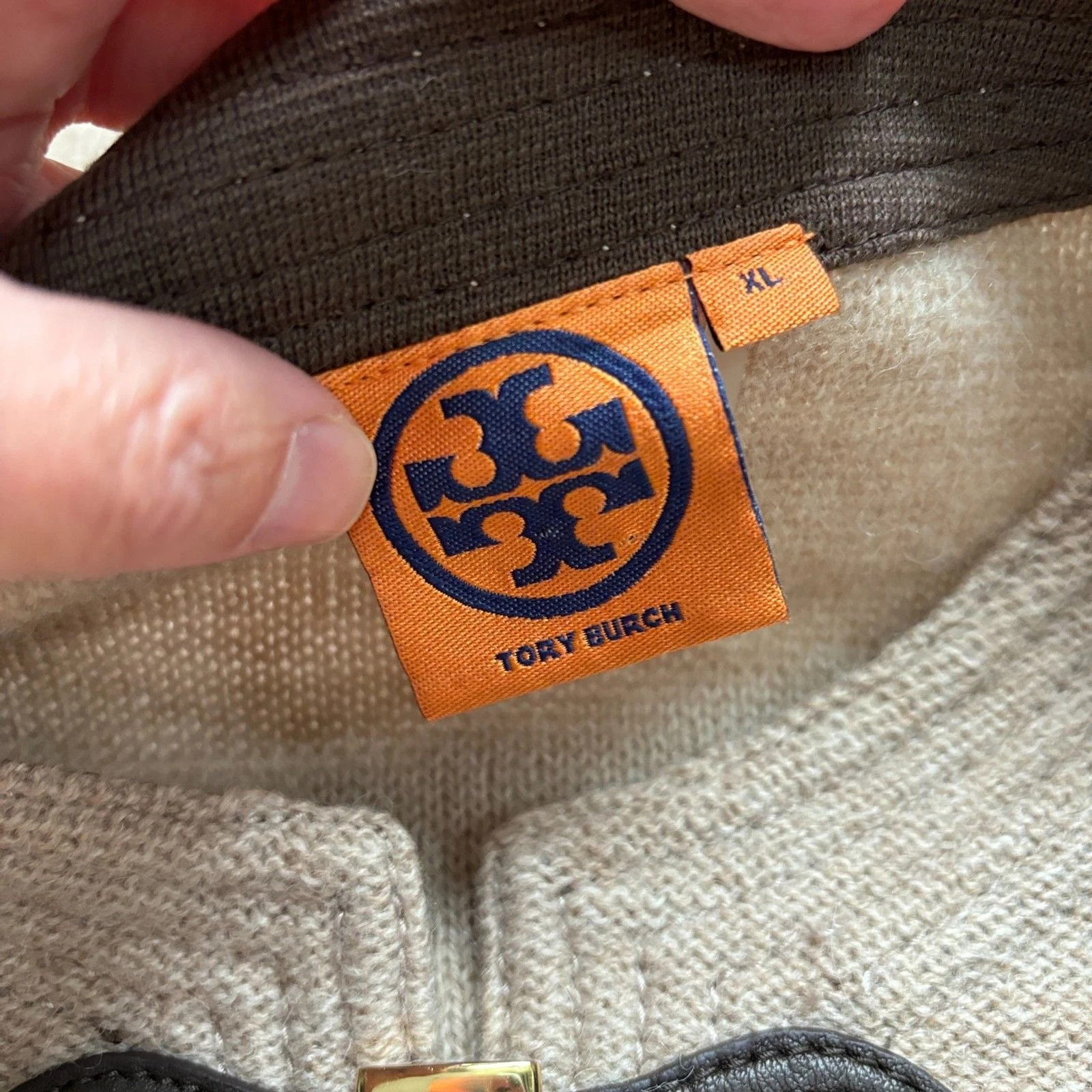 Maglione tunica Tory Burch lana alpaca donna XL beige marrone bordo pelle preppy