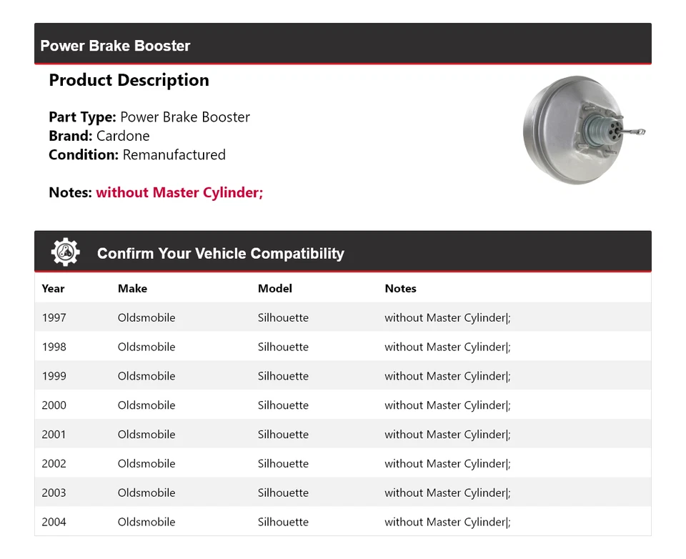 Para 1997-2004 Oldsmobile Silhouette Power Brake Booster Cardone 1998 1999 2000 Foto 2 de 4
