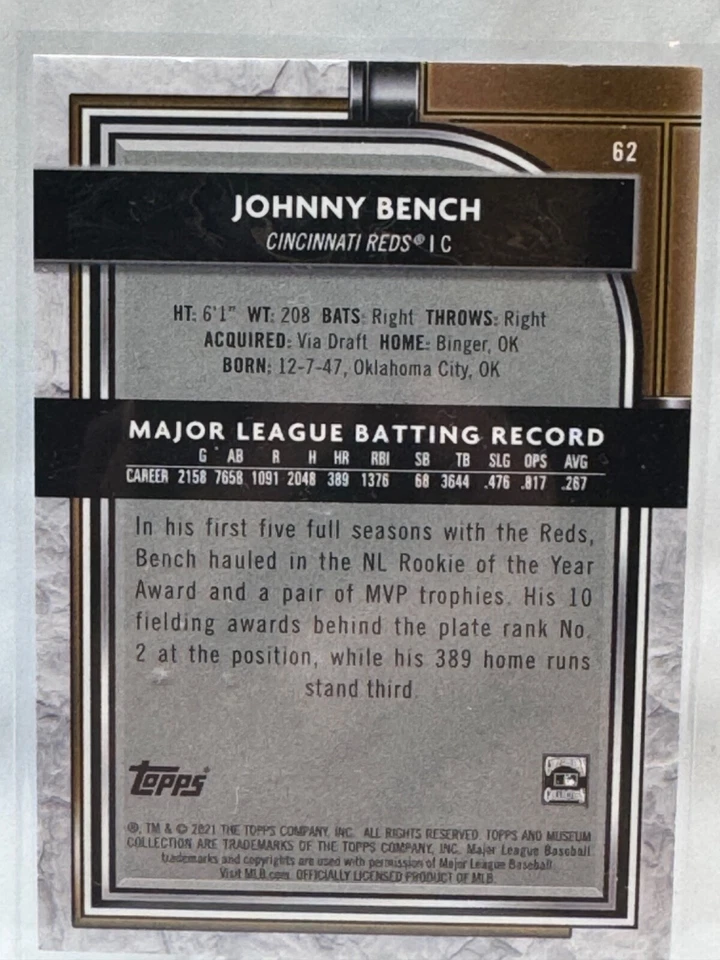 2021 Topps Museum Collection - Johnny Bench #62 - Image 2 of 2