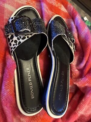 Donald J Pliner Women Black White Slides Shoes Animal Print