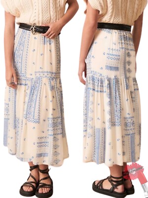 Ba&sh Skirt Women Small Londer Midi Ecru Blue Folklore Block Print Bash FLAWED