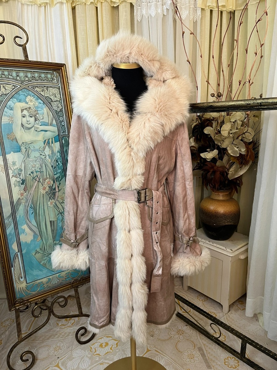 Intuition Paris Leather Lapin Fur Coat Fox Fur Hood Trim Belted
