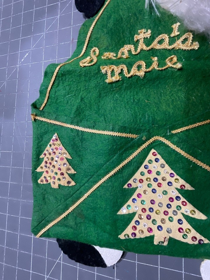 VTG SANTA'S MAIL BAG Card Holder Christmas Felt Sequins Wall Hanging
