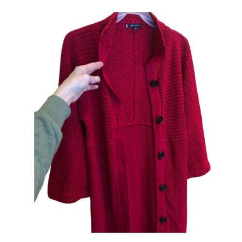 Anne Klein Long Medium Midi Sweater Coat Burgundy Duster Cardigan Crochet Knit - Picture 3 of 8