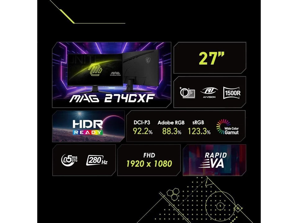 MSI MAG 274CXF 27” FHD Curved Gaming Monitor – 280Hz, 0.5ms GtG, Rapid VA Panel, - Image 4 of 4