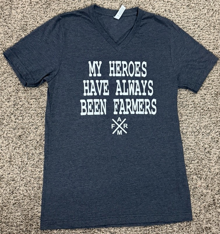 MY HEROES HAVE ALWAYS BEEN FARMERS T-Shirt Size Medium USA STRONG Gray V Neck