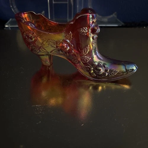 Vintage Fenton Ruby Red Glass Slipper Cabbage Rose Pattern Excellent Conditioni