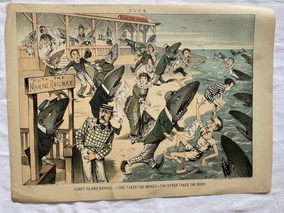 Antique Puck Magazine Cartoon Coney Island Sharks Color Lithograph