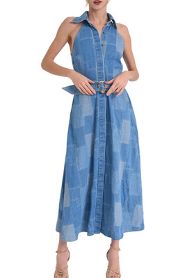 NWT CIEBON Dixie Belted Sleeveless Patchwork Blue Denim Maxi Dress Medium