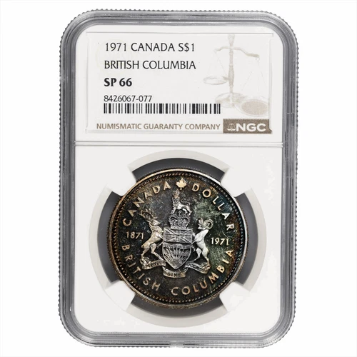 1971 Canadian Silver Dollar $1 British Columbia Centennial NGC SP 66